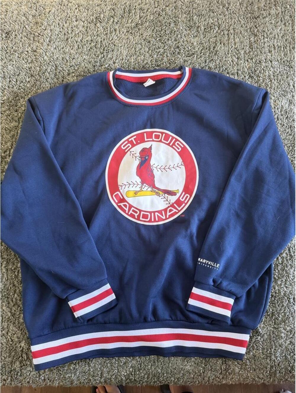 St. Louis Cardinals Navy Blue Sweatshirt with Team Logo and Striped Trim, Adult-